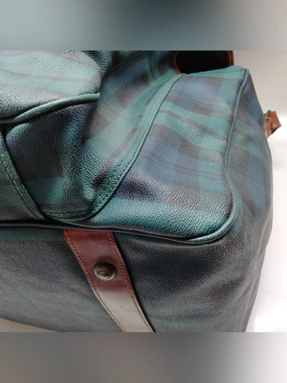 Polo by Ralph Lauren Plaid Travel Weekender Duffle Bag with Brown Leather Trim